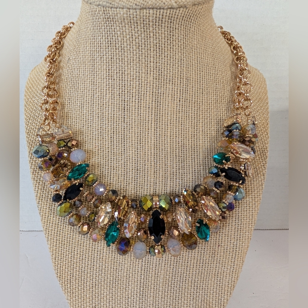 Necklace Statement Bib StatemeStyle Rhinestone Green, Gold And Bronze Gold Chain - Picture 2 of 4